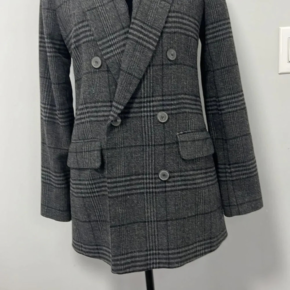 Zara Women’s Gray Black Checkered Double Breasted Button long Wool Blazer sz XS - Picture 3 of 8